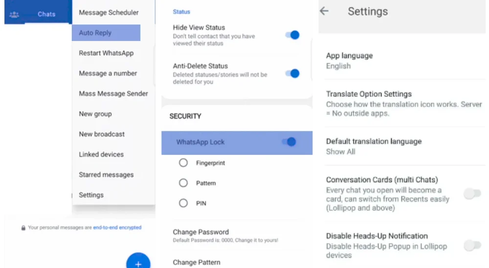 GB WhatsApp Auto Reply Feature, App Lock Feature , App Language Feature