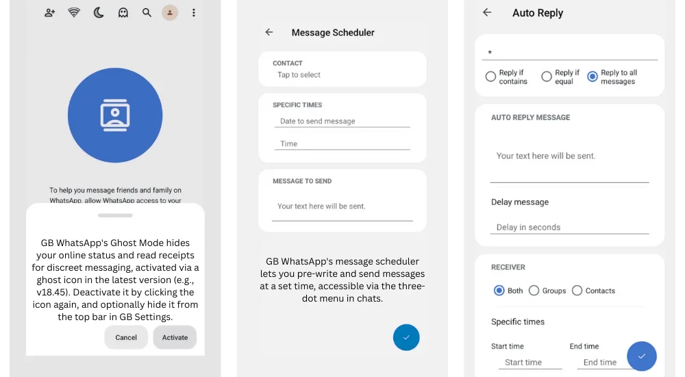 GB WhatsApp Ghost Mode Feature, Message Scheduler Feature, Auto Reply Feature