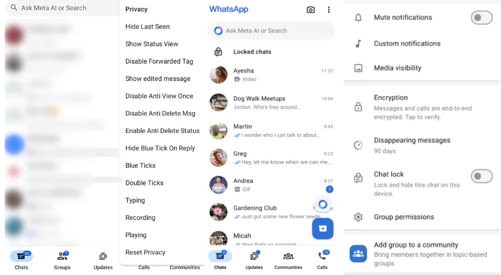 WhatsApp Plus Messages Edited Feature, Locked Chats Feature, Mute Notifications Feature