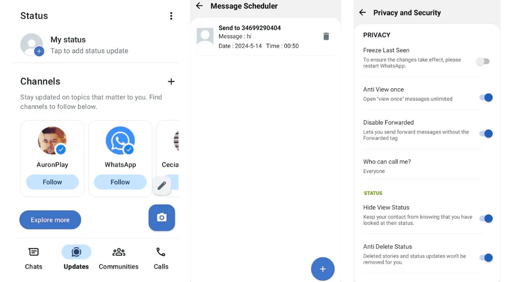 WhatsApp Plus Status Feature, Message Scheduler Feature, Hide Status Feature